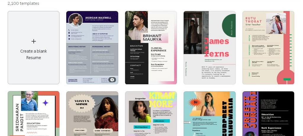 Various resume templates on Canva