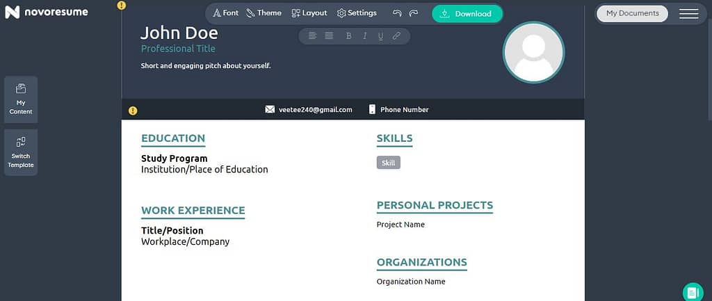 Novo resume is resume builder tool