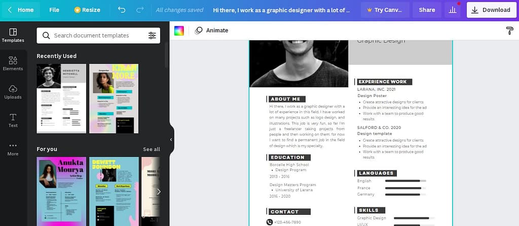 Resume template on Canva
