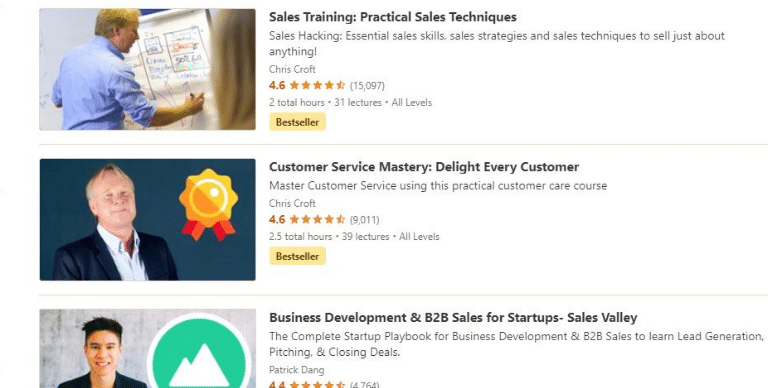 Udemy courses to learn about sales cycle used in sales job.